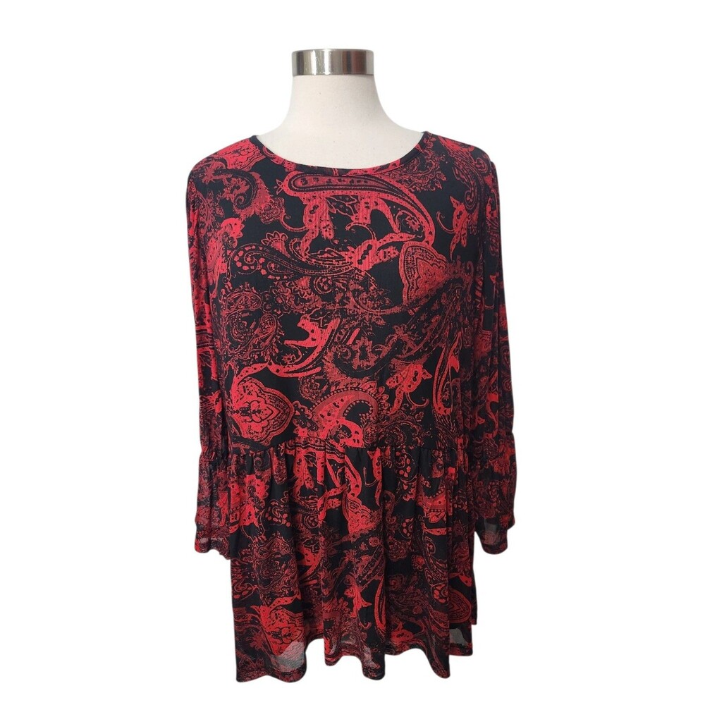 C EST 1946 Women Top 18/20W  Red Black Mesh Lined Drop Waist Bell Slv VALENTINE
